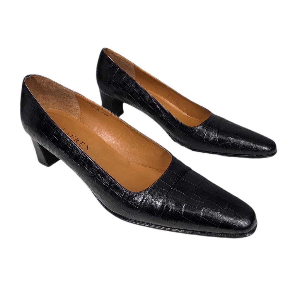LAUREN RALPH LAUREN VINTAGE BLACK CROC‑EMBOSSED LOW BLOCK HEEL PUMPS SIZE 9.5AA